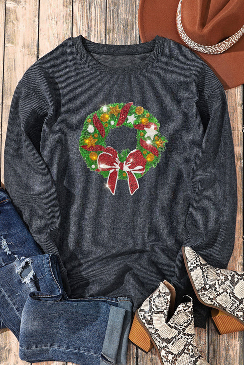 Gray Christmas Wreath Print Corded Pullover Sweatshirt